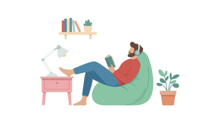 Man reading book in beanbag chair vector