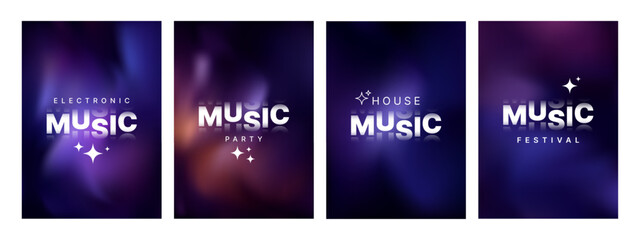 Set of electronic music covers. Modern house music party posters. Design for abstract light background digital event template.