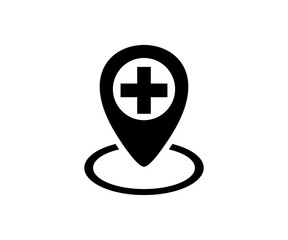Obraz premium Black medical cross symbol inside a location pin marker icon. Medical location for search health clinic illustration on transparent background. 