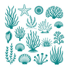 Vector, Icon Pack Featuring Ocean Elements — Seaweed, Starfish, Coral, and Seashells for Trendy Seasonal Design Projects, Vector modern illustration, Graphic Design