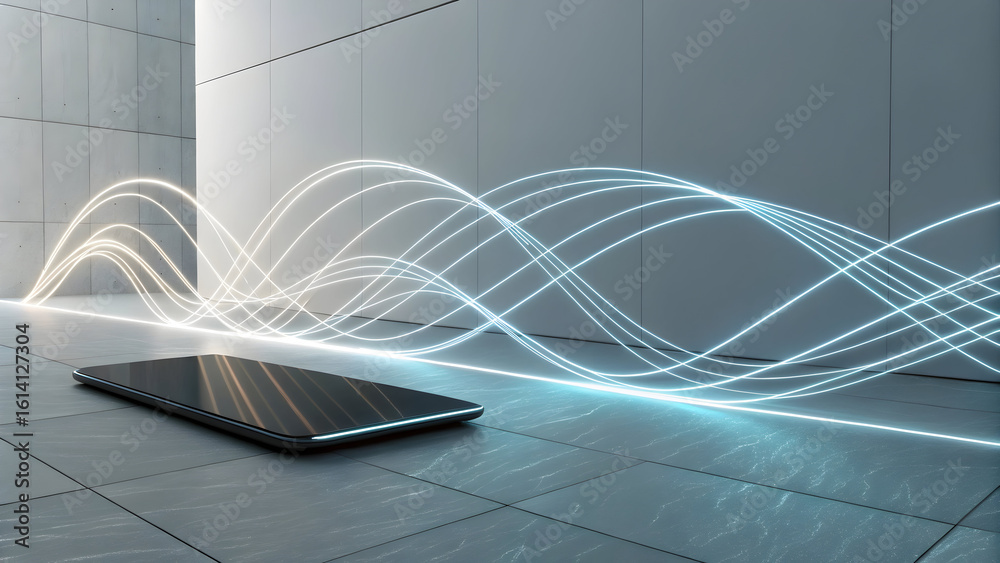 Wall mural glowing light streams emanating from a dark electronic device across a tiled floor technology data t
