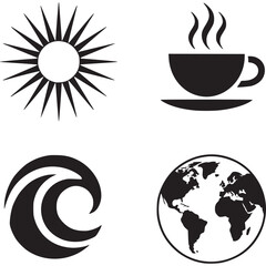 A collage of four black and white icons depicting a sun, coffee cup, wave, and the earth globe on transparent background