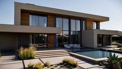 Modern luxury home with swimming pool and desert landscaping