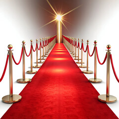 A luxurious red carpet unfurls, lined with golden stanchions and velvet ropes, leading towards a bright, starlike spotlight