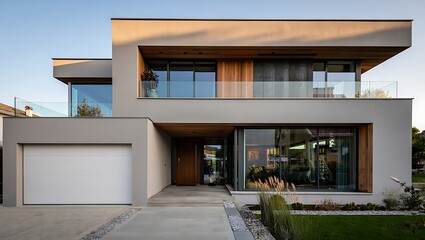 Fototapeta premium Modern luxury residence with large glass windows and garage