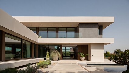 Fototapeta premium Modern luxury two story residence with clean lines and glass walls