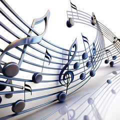 Abstract musical notes and clefs flowing in a dynamic, curved composition against a white background