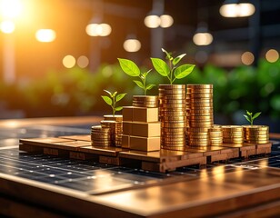 Gold coins, plants, and blocks represent financial growth