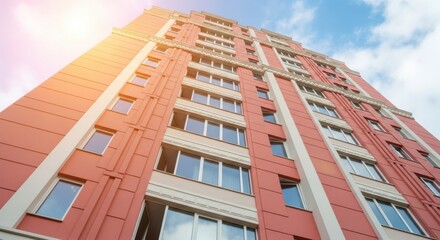 A tall residential building rises against a partly cloudy sky