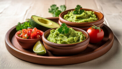 freshly made guacamole served in clay bowls with diced tomatoes and herbs