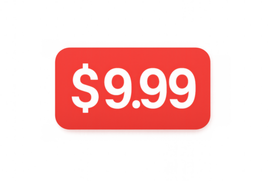 Price tag showing $9.99, highlighting cost-effective pricing strategy for digital marketplace and retail sales promotion