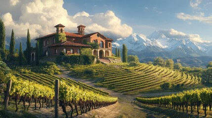 Tuscan villa vineyard mountain landscape; idyllic setting