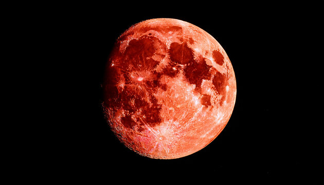 full red moon detailed surface black night sky craters and shadows