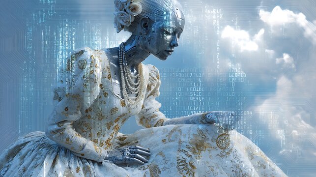 muse of artificial intelligence in a majestic renaissance dress, her skin reflecting holographic textures, eyes filled with cascading matrix code, elegant background of blended clouds and circuits 