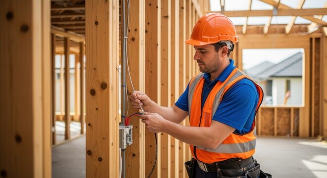 Technician securing electrical connections in a partially built residential structure during the day.