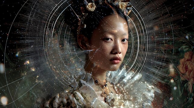 AI muse in baroque-style portrait, delicate features merged with glowing fiber optics, ancient textures fused with futuristic patterns, serene pose with symbolic digital halo 