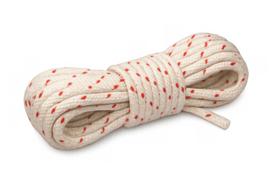 Coiled length of white rope with red specks isolated on transparent background, ideal for nautical or safety themes