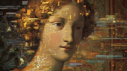 classic renaissance muse with a soft glowing face, golden light illuminating pixelated hair, embedded AI circuitry visible under skin, background of glitchy fresco patterns 