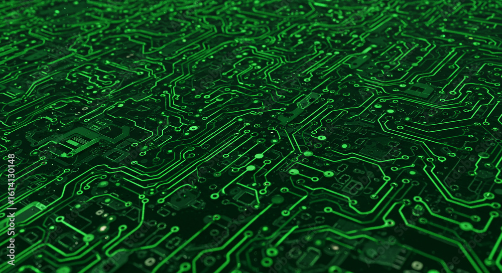 Wall mural a close up view of a green electronic circuit board with intricate patterns and glowing light points