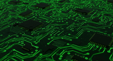 A close up view of a green circuit board with integrated chips and glowing traces in a dark setting