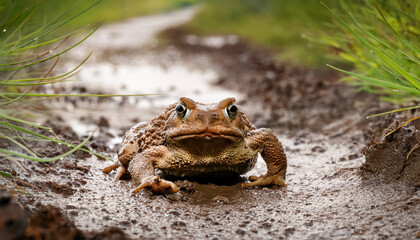 Obraz premium southern toad hopping through a muddy path after the rain