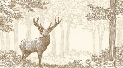 Illustration depicts a deer in a forest, rendered in detailed vintage style. Perfect for backgrounds, storybooks, web use.