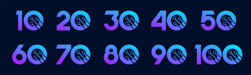 Set of collection numbers 10 to 100 with technology vector illustration. Circuit with numbers 10, 20, 30, 40, 50, 60, 70, 80, 90, 100 for greetings, anniversaries, discounts and more.