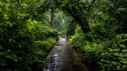 Naklejka premium Winding forest road in rainy green woods / 雨の緑の森を曲がる小道