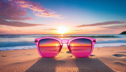 vibrant beach scene featuring pink popsicle sunglasses and beautiful sunset over ocean evoking sense of summer joy