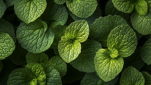 A close-up view of vibrant green mint leaves showcasing detailed textures and organic patterns