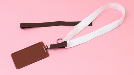 Blank identification badge with a brown holder and white lanyard, placed on a pink background, ideal for personal or professional use in events and conferences