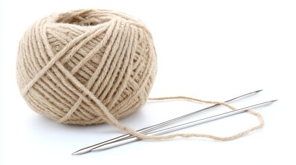 Ball of beige yarn with two silver knitting needles resting beside it, showcasing the art of knitting and the cozy atmosphere of crafting and creativity