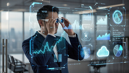 Innovative businessman exploring futuristic data analytics