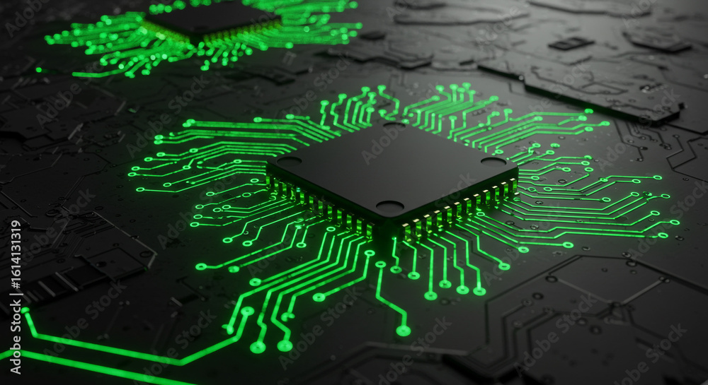 Poster a close up of a black microchip with green glowing circuits on a dark textured surface design elemen