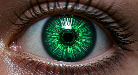 A close up of an eye with a green digital pattern overlaying the iris and black eyelashes visible
