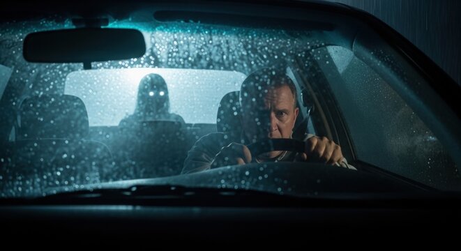 Man driver looking at strange glowing figure in car back seat. Horror dark night scene with monster monster and driver. Frightened man in car.