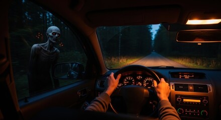 Person driving car in dark forest sees frightening monster with glowing red eyes. Scary horror scene for halloween and thriller story.