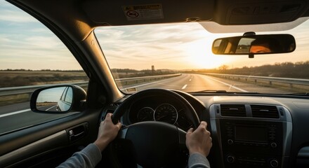 Man driving a car on an open road during sunset, first person view. Journey and travel concept for transportation.