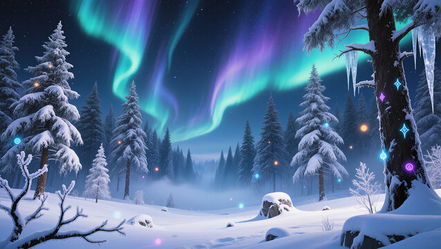 Majestic northern lights illuminate a winter wonderland at night