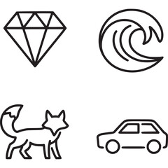 A collection of line drawings featuring a diamond, wave, fox, and car on a white background on transparent background