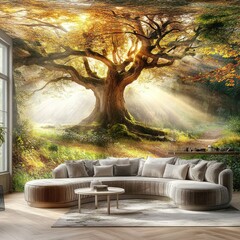 Majestic ancient tree bathed in sunlight, serene forest scene