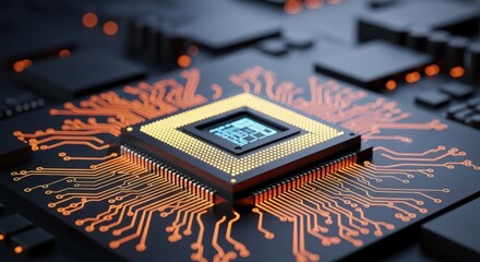 Innovative microprocessor closeup with illuminated connections on technological platform.