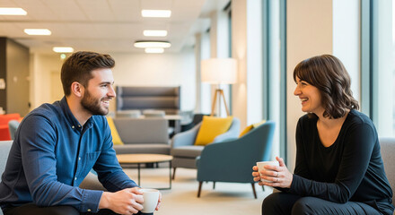 Shared Moment of Discussion: Two colleagues find camaraderie over coffee in the office. The image captures genuine connection in a modern workplace setting.