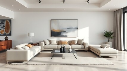Contemporary living space with neutral sofa and abstract wall art in natural light.