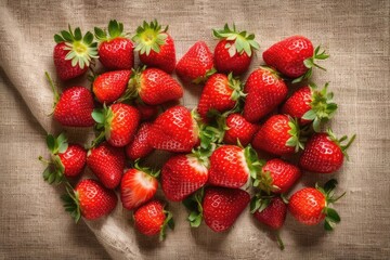 Top view of fresh ripe strawberries arranged on a linen napkin. Natural rustic style perfect for food blogs, packaging, healthy lifestyle, organic branding, farm-to-table concepts, advertising, labels
