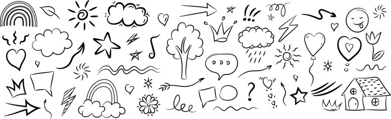 Hand-drawn heart sketch set created with chalk, crayon, and pencil textures. Includes doodle elements like arrows, clouds, and flowers in a playful, pastel, childlike style. Perfect for children's des