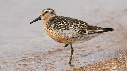Red-plumaged sandpiper on the shore (close-up). The red knot or just knot (Calidris canutus) is a medium-sized shorebird which breeds in tundra and the Arctic Cordillera in the far north of Canada. 
