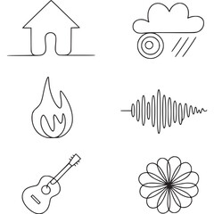 Collection of line art icons featuring a house, rain cloud, fire, sound wave, guitar, and flower on transparent background