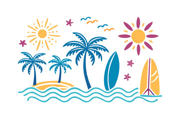 Obraz premium Tropical Island Summer: Palm Trees, Surfboards, Sun, Ocean Waves