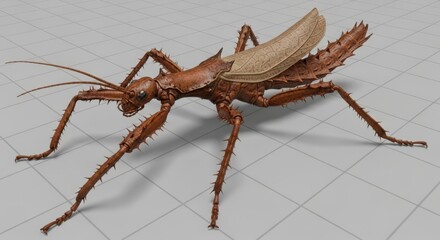 A brown stick insect walks on a gray tiled surface